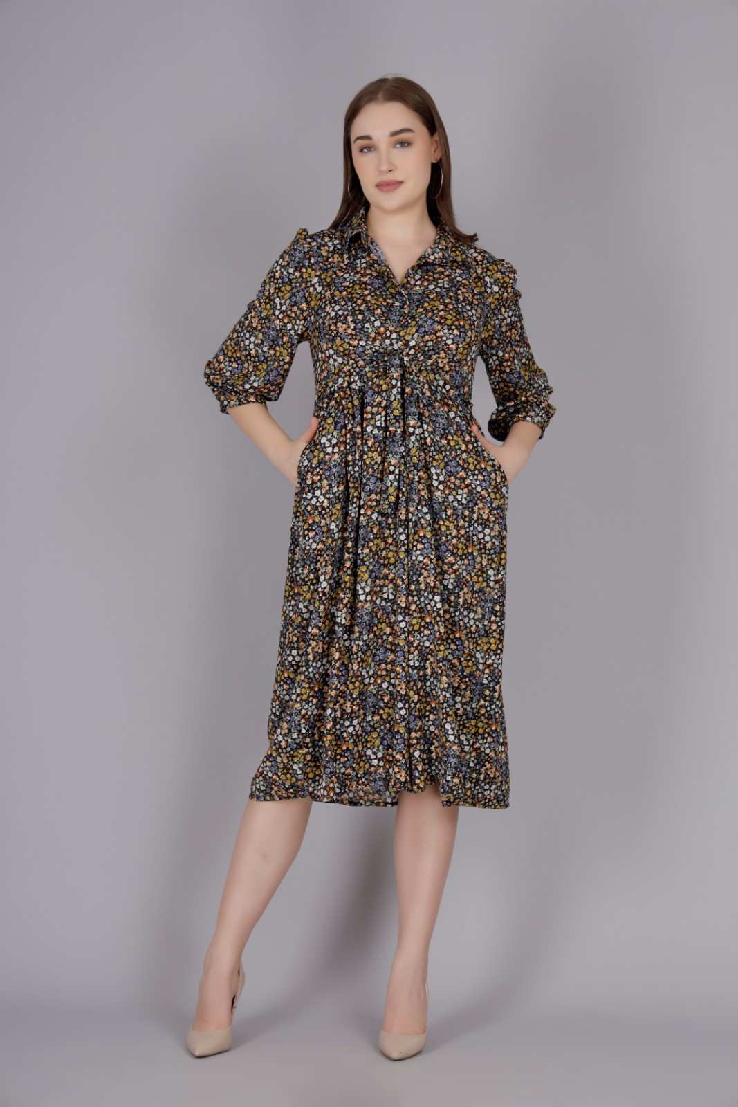 3/4 Sleeve Maxi Dress -Black Multi