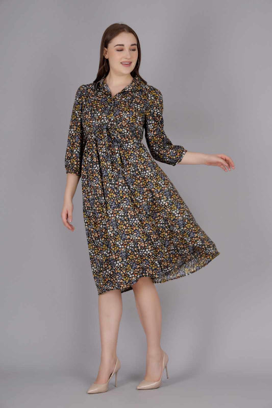 3/4 Sleeve Maxi Dress -Black Multi