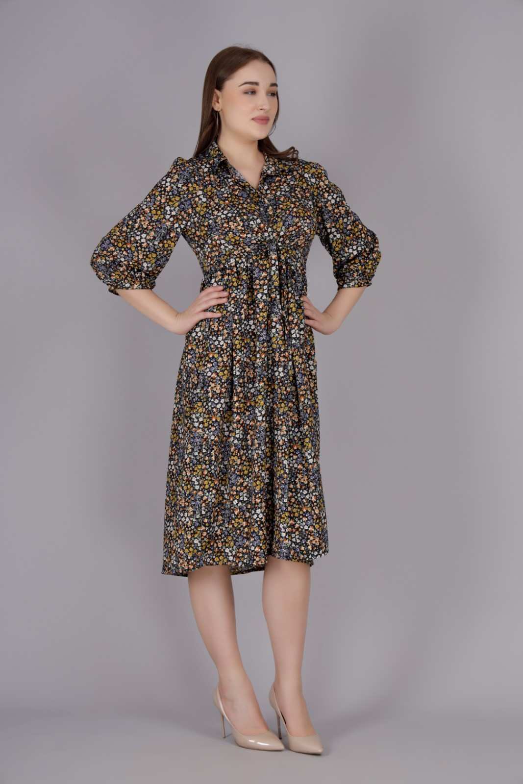 3/4 Sleeve Maxi Dress -Black Multi