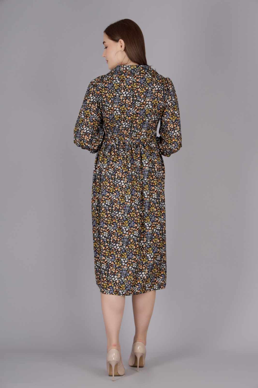 3/4 Sleeve Maxi Dress -Black Multi