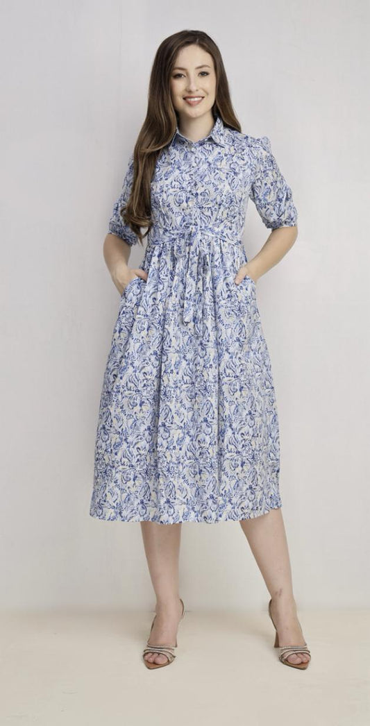 3/4 Sleeve Maxi Dress Blue Multi