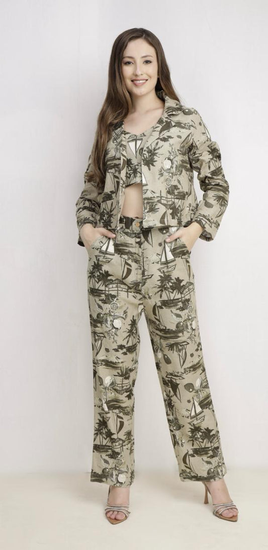 Full Sleeve Beach Print 
Three Pieces Set